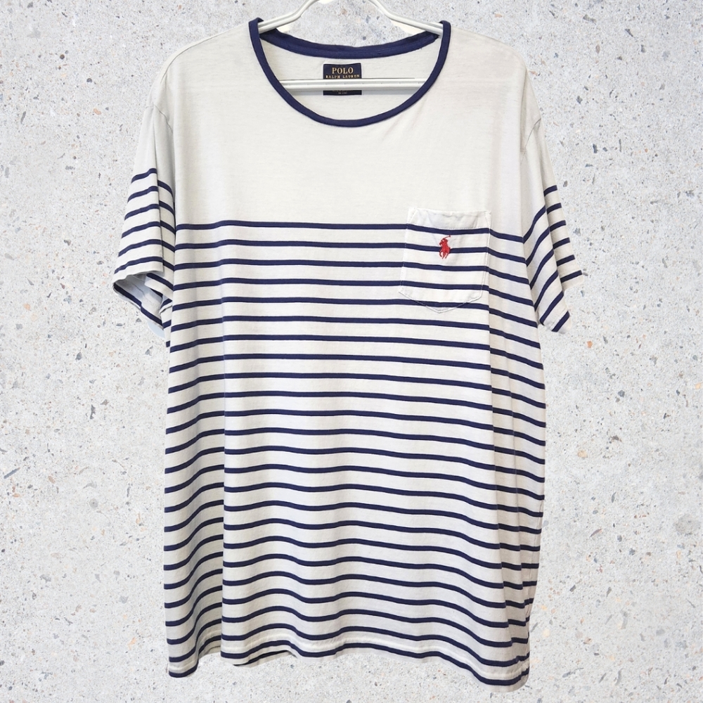 Vintage 90's Polo Ralph Lauren Blue White Striped Tee XL